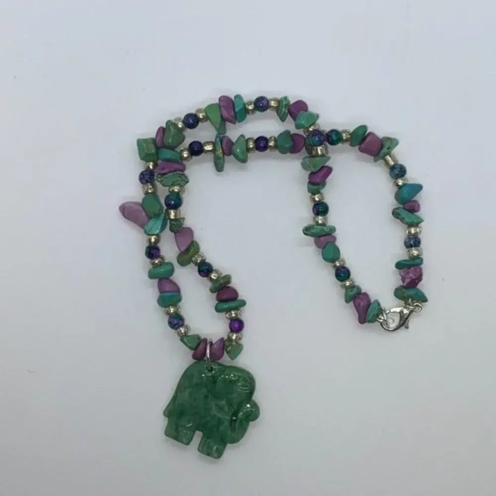 Girls Handmade Rock Beaded Green Elephant Necklace
